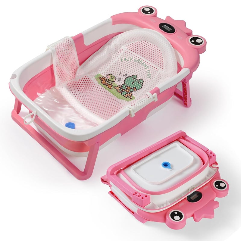 TBHAPY Baby Bathtub,Collapsible Baby Bath Tub with Soft Cushion & Thermometer, Space Saving Foldable & Travel Newborn Bathtub for Infant to Toddler 0-36 Months, Frog Pink - Image 1